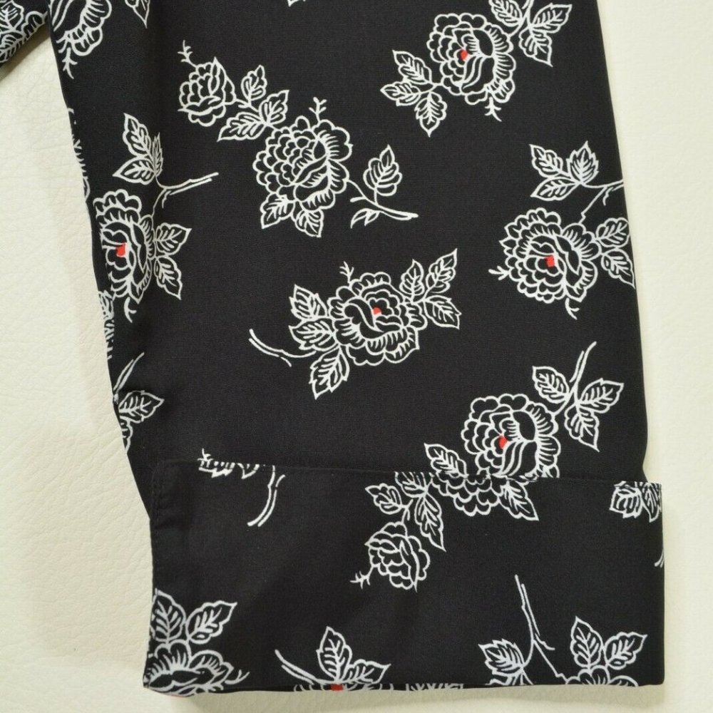 VTG Modern Essentials Sz L Womens BLACK White FLORAL 3/4 Sleeve Button Up BLOUSE - Picture 7 of 9